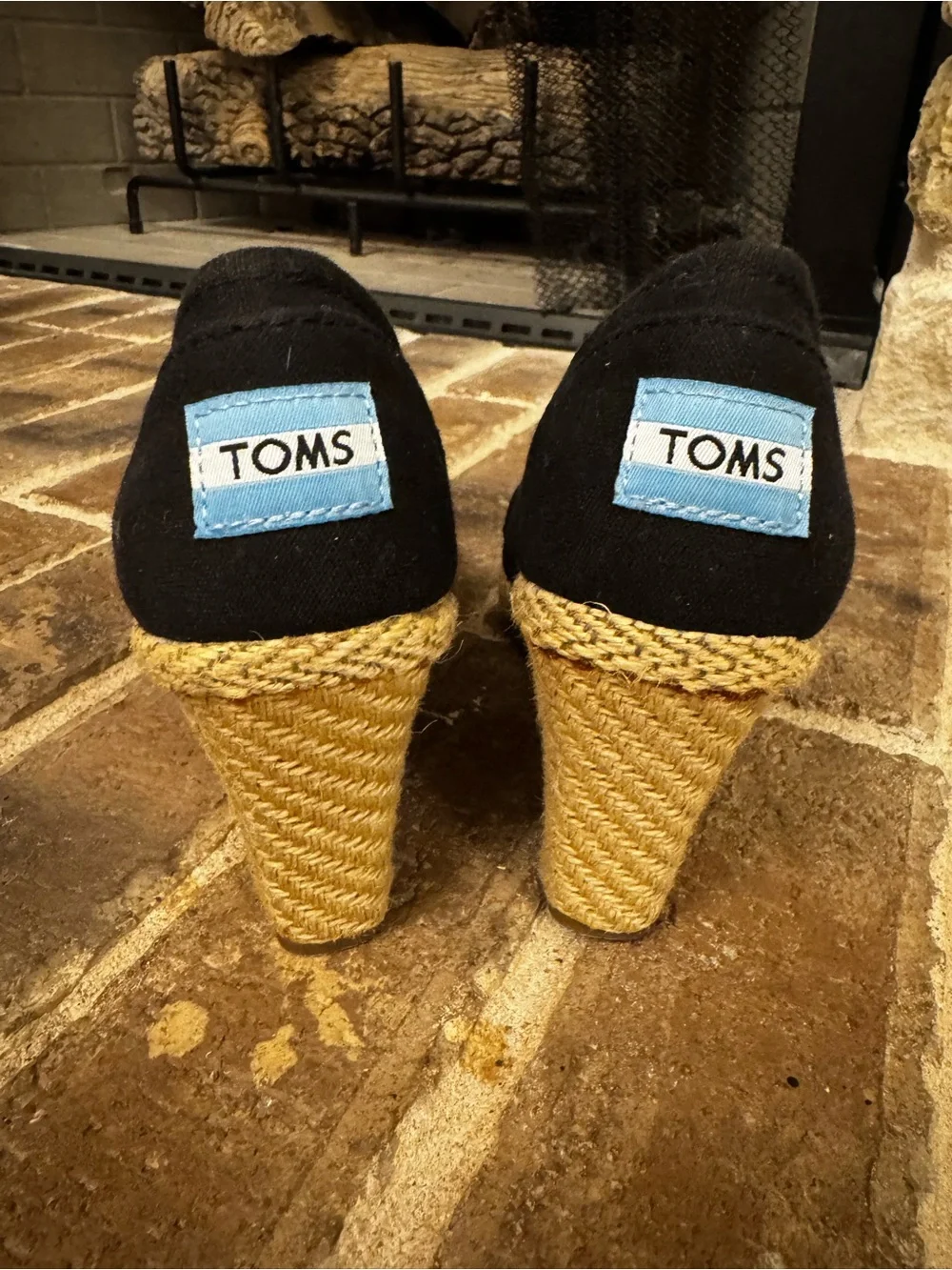Toms Black Canvas Wedge Espadrille Peep Toe